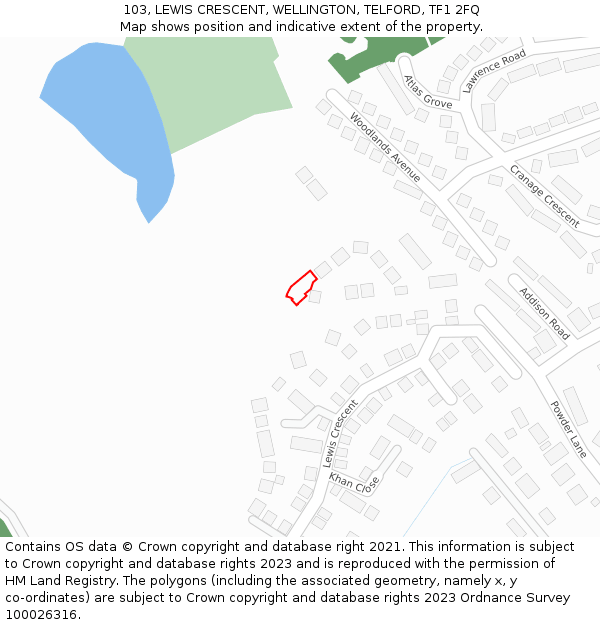 103, LEWIS CRESCENT, WELLINGTON, TELFORD, TF1 2FQ: Location map and indicative extent of plot