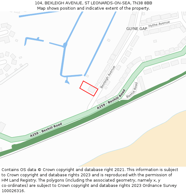 104, BEXLEIGH AVENUE, ST LEONARDS-ON-SEA, TN38 8BB: Location map and indicative extent of plot