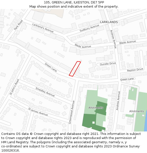 105, GREEN LANE, ILKESTON, DE7 5PP: Location map and indicative extent of plot