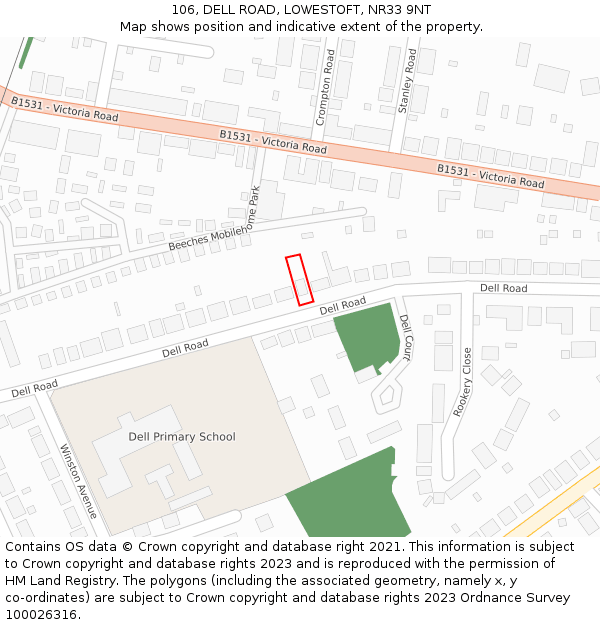 106, DELL ROAD, LOWESTOFT, NR33 9NT: Location map and indicative extent of plot