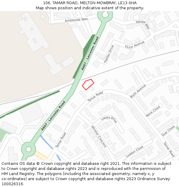 106, TAMAR ROAD, MELTON MOWBRAY, LE13 0HA: Location map and indicative extent of plot