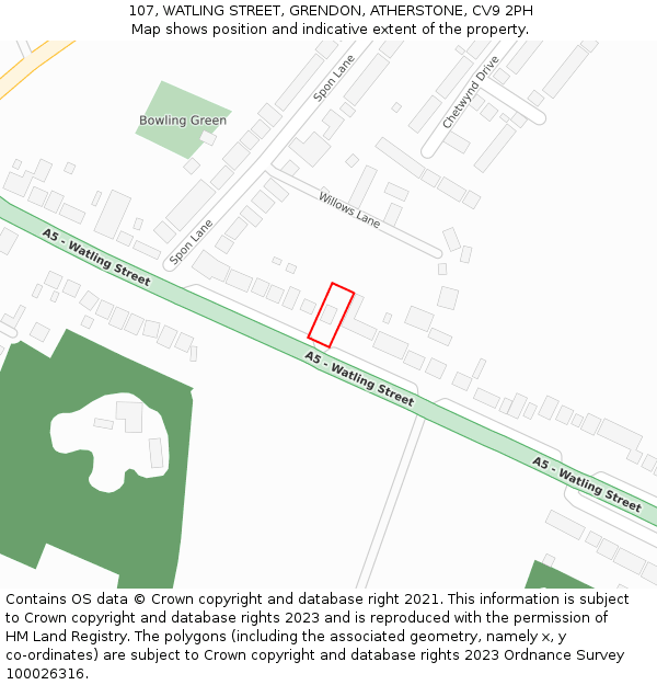 107, WATLING STREET, GRENDON, ATHERSTONE, CV9 2PH: Location map and indicative extent of plot