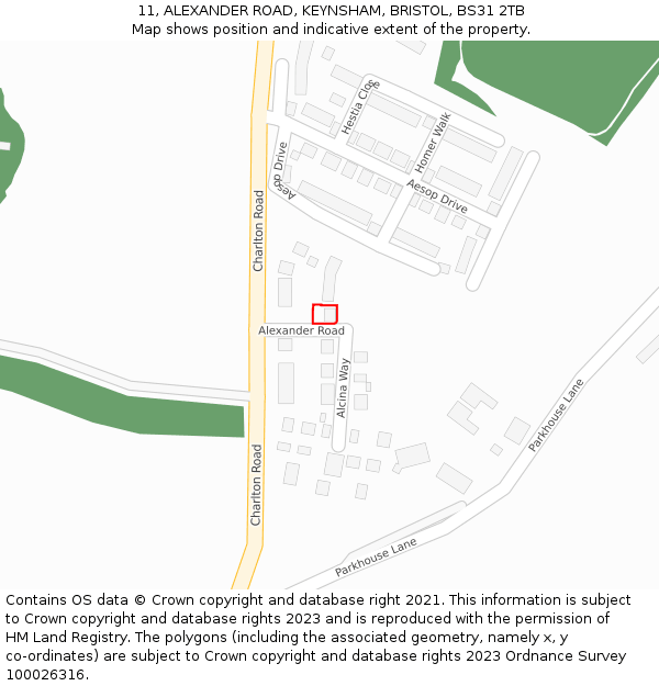 11, ALEXANDER ROAD, KEYNSHAM, BRISTOL, BS31 2TB: Location map and indicative extent of plot