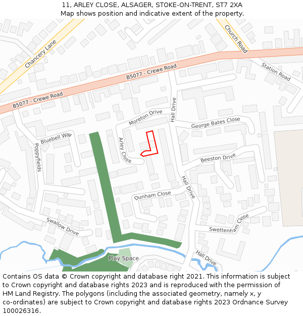 11, ARLEY CLOSE, ALSAGER, STOKE-ON-TRENT, ST7 2XA: Location map and indicative extent of plot