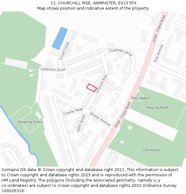 11, CHURCHILL RISE, AXMINSTER, EX13 5FX: Location map and indicative extent of plot