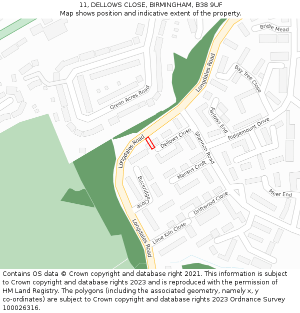 11, DELLOWS CLOSE, BIRMINGHAM, B38 9UF: Location map and indicative extent of plot