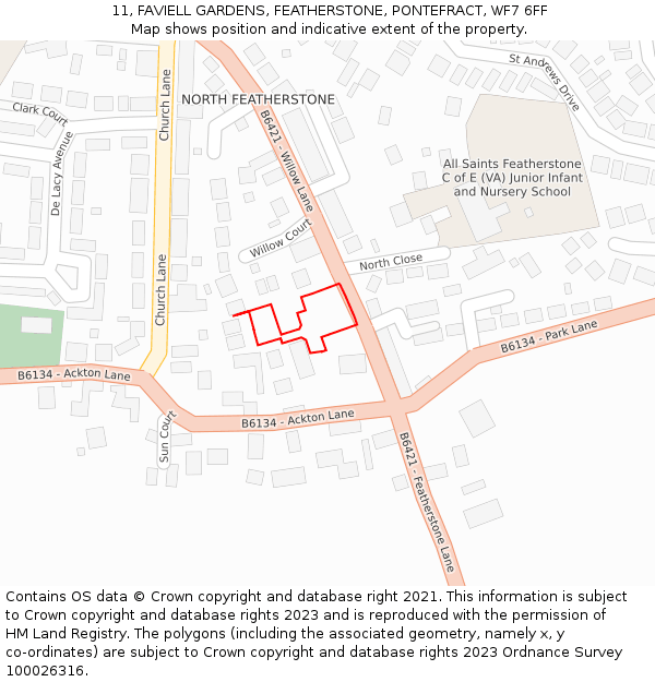 11, FAVIELL GARDENS, FEATHERSTONE, PONTEFRACT, WF7 6FF: Location map and indicative extent of plot