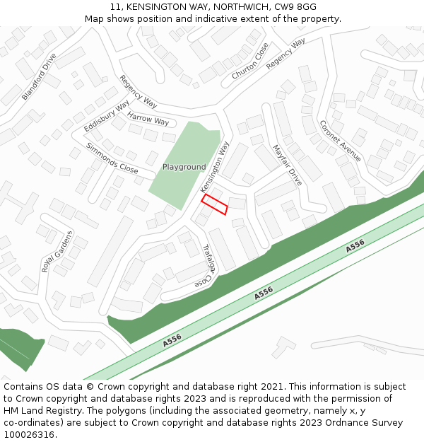 11, KENSINGTON WAY, NORTHWICH, CW9 8GG: Location map and indicative extent of plot