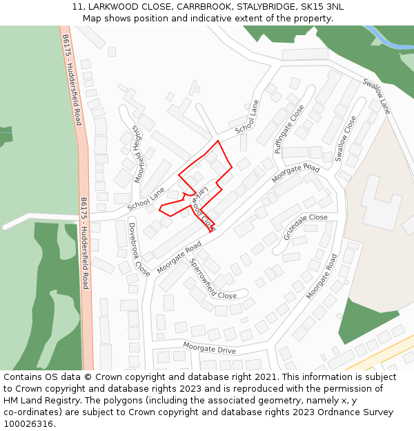 11, LARKWOOD CLOSE, CARRBROOK, STALYBRIDGE, SK15 3NL: Location map and indicative extent of plot