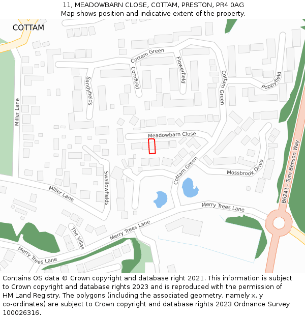 11, MEADOWBARN CLOSE, COTTAM, PRESTON, PR4 0AG: Location map and indicative extent of plot