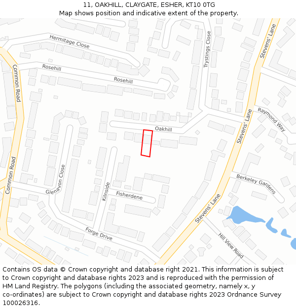 11, OAKHILL, CLAYGATE, ESHER, KT10 0TG: Location map and indicative extent of plot