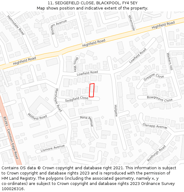 11, SEDGEFIELD CLOSE, BLACKPOOL, FY4 5EY: Location map and indicative extent of plot