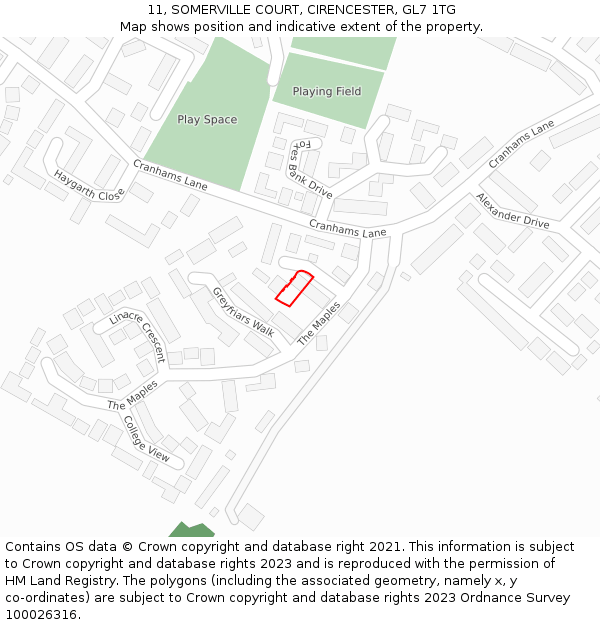 11, SOMERVILLE COURT, CIRENCESTER, GL7 1TG: Location map and indicative extent of plot