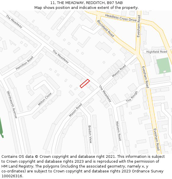 11, THE MEADWAY, REDDITCH, B97 5AB: Location map and indicative extent of plot