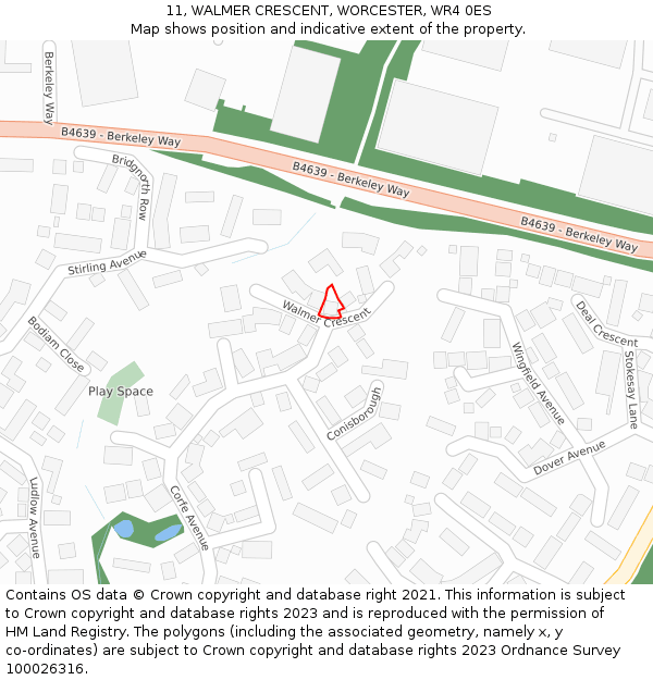 11, WALMER CRESCENT, WORCESTER, WR4 0ES: Location map and indicative extent of plot