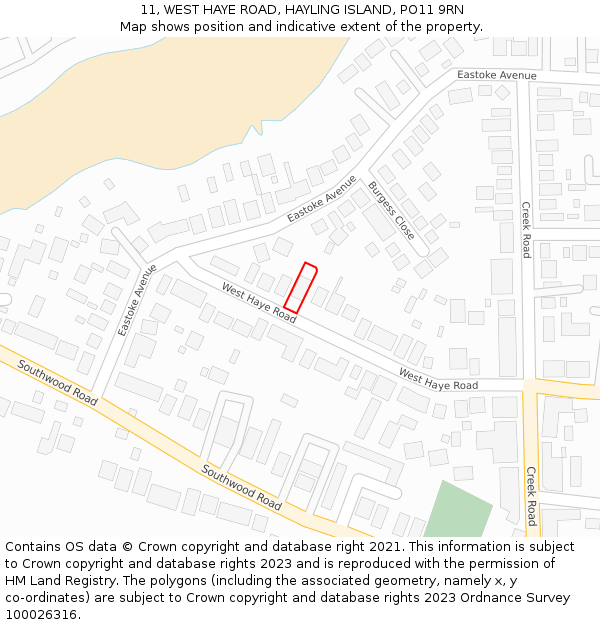 11, WEST HAYE ROAD, HAYLING ISLAND, PO11 9RN: Location map and indicative extent of plot