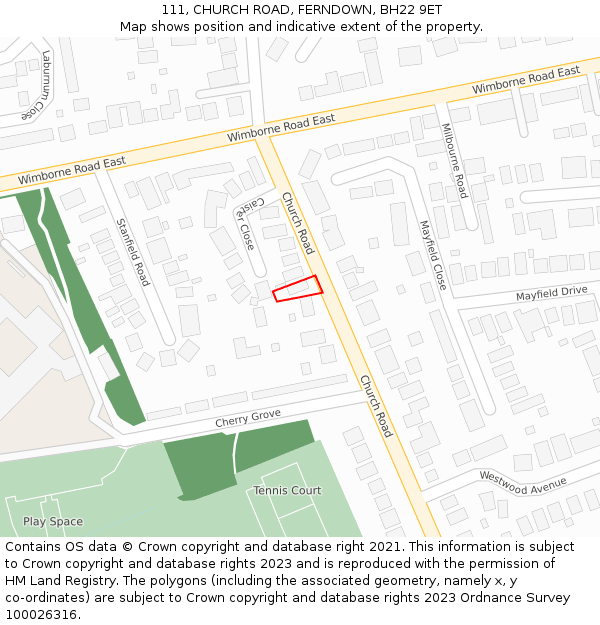 111, CHURCH ROAD, FERNDOWN, BH22 9ET: Location map and indicative extent of plot