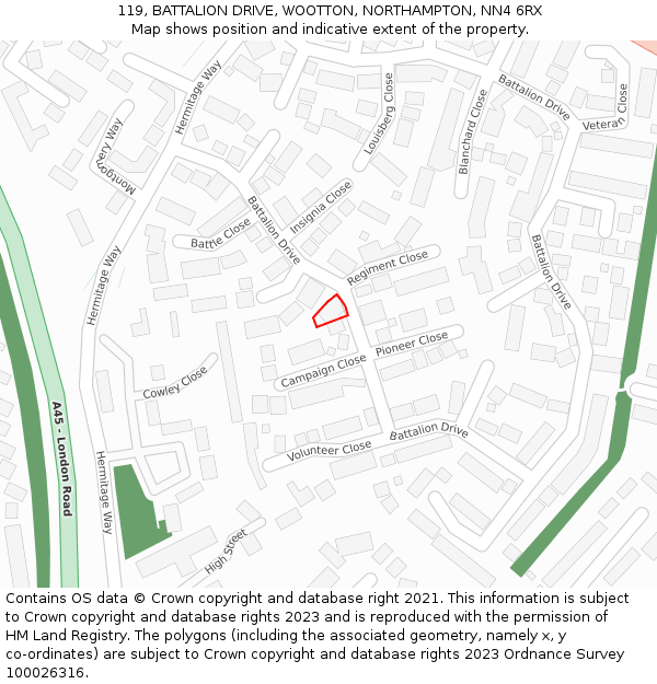 119, BATTALION DRIVE, WOOTTON, NORTHAMPTON, NN4 6RX: Location map and indicative extent of plot