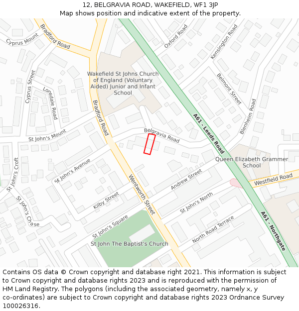 12, BELGRAVIA ROAD, WAKEFIELD, WF1 3JP: Location map and indicative extent of plot