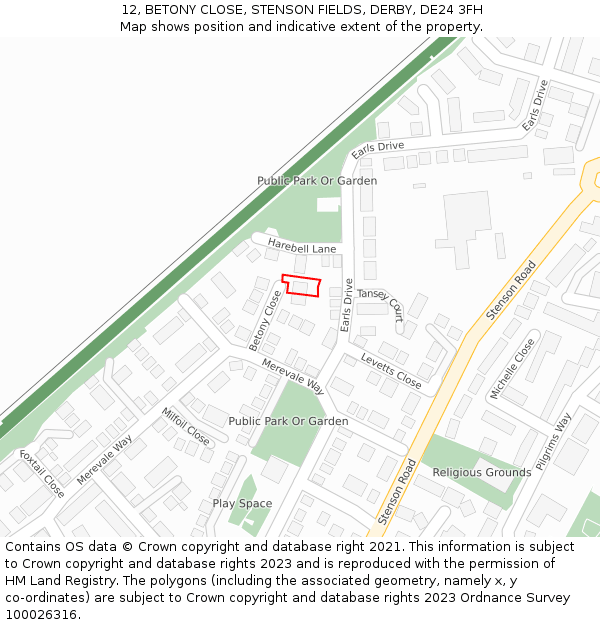 12, BETONY CLOSE, STENSON FIELDS, DERBY, DE24 3FH: Location map and indicative extent of plot