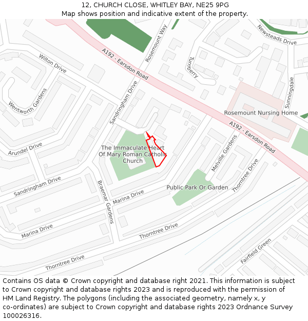 12, CHURCH CLOSE, WHITLEY BAY, NE25 9PG: Location map and indicative extent of plot