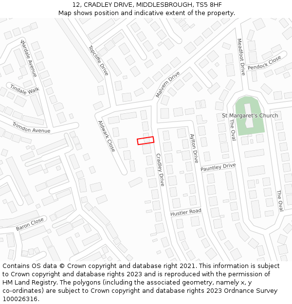 12, CRADLEY DRIVE, MIDDLESBROUGH, TS5 8HF: Location map and indicative extent of plot