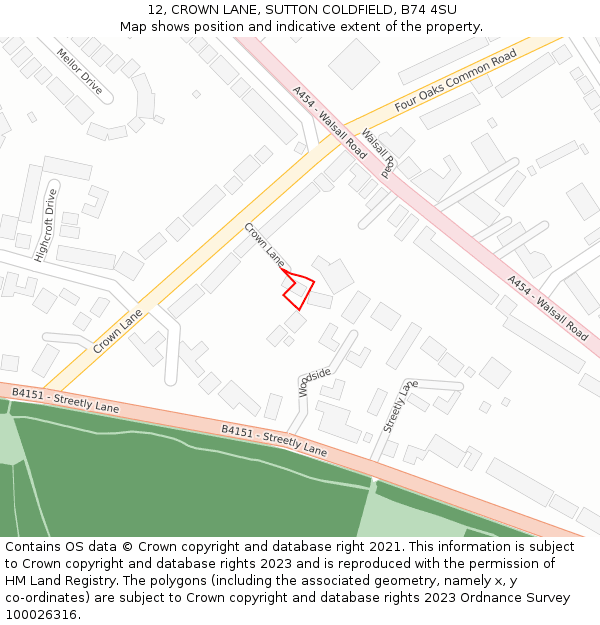 12, CROWN LANE, SUTTON COLDFIELD, B74 4SU: Location map and indicative extent of plot