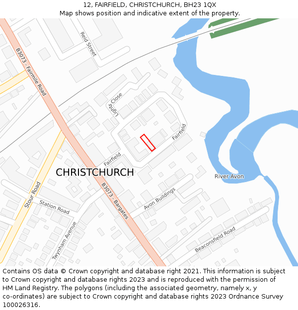 12, FAIRFIELD, CHRISTCHURCH, BH23 1QX: Location map and indicative extent of plot