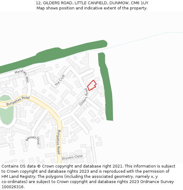 12, GILDERS ROAD, LITTLE CANFIELD, DUNMOW, CM6 1UY: Location map and indicative extent of plot