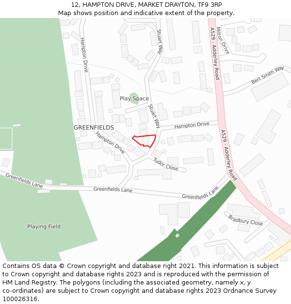 12, HAMPTON DRIVE, MARKET DRAYTON, TF9 3RP: Location map and indicative extent of plot