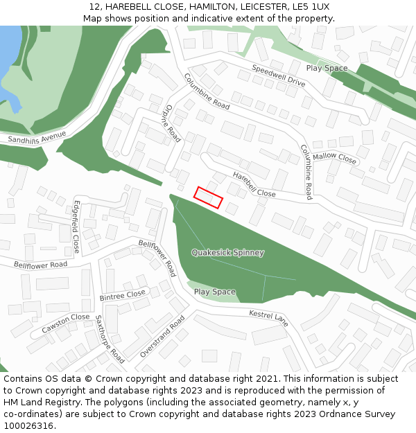 12, HAREBELL CLOSE, HAMILTON, LEICESTER, LE5 1UX: Location map and indicative extent of plot