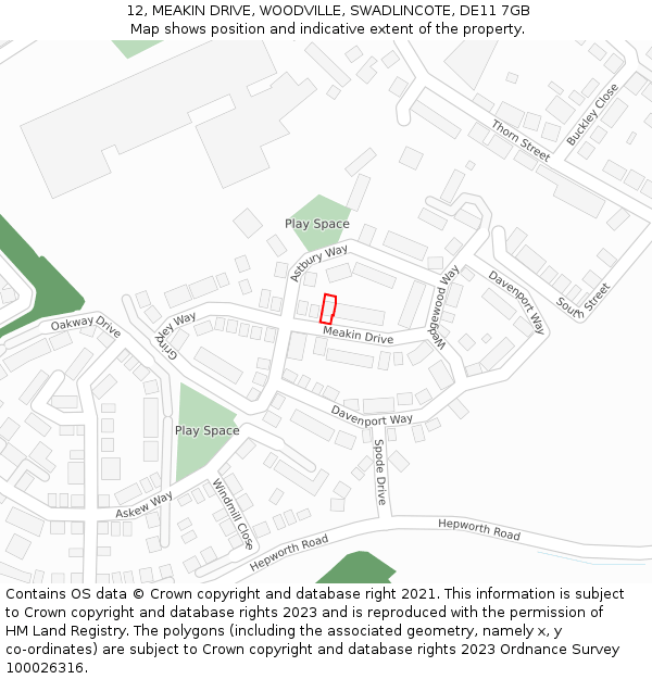 12, MEAKIN DRIVE, WOODVILLE, SWADLINCOTE, DE11 7GB: Location map and indicative extent of plot