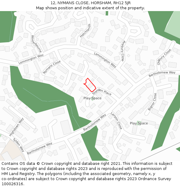 12, NYMANS CLOSE, HORSHAM, RH12 5JR: Location map and indicative extent of plot