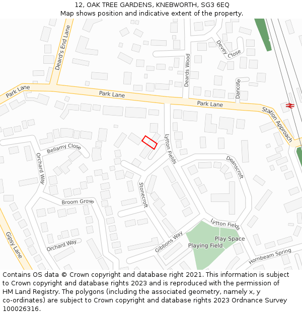 12, OAK TREE GARDENS, KNEBWORTH, SG3 6EQ: Location map and indicative extent of plot