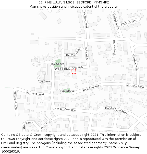 12, PINE WALK, SILSOE, BEDFORD, MK45 4FZ: Location map and indicative extent of plot