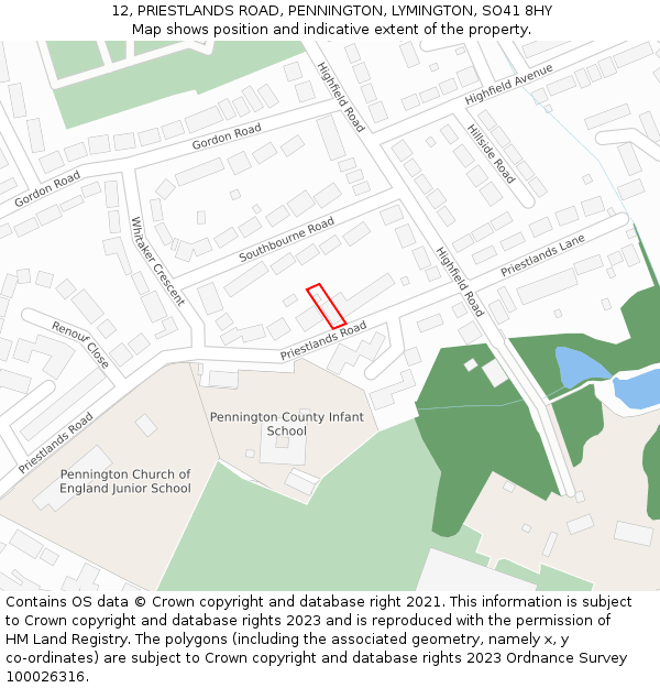 12, PRIESTLANDS ROAD, PENNINGTON, LYMINGTON, SO41 8HY: Location map and indicative extent of plot