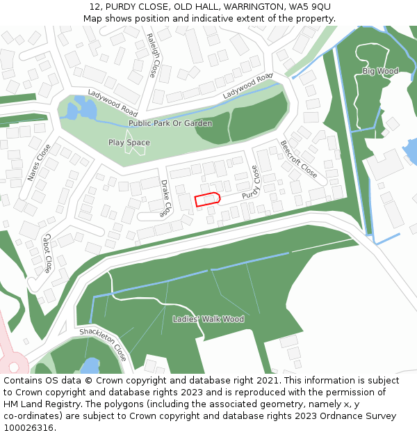 12, PURDY CLOSE, OLD HALL, WARRINGTON, WA5 9QU: Location map and indicative extent of plot