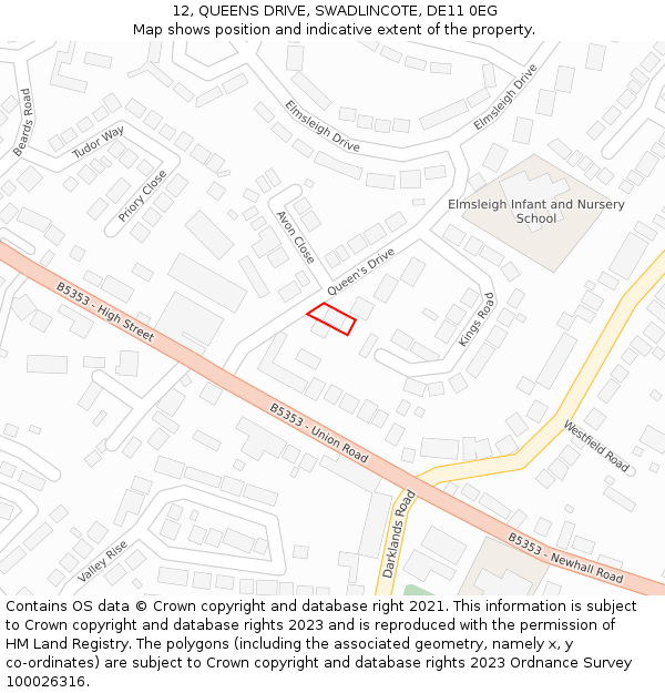 12, QUEENS DRIVE, SWADLINCOTE, DE11 0EG: Location map and indicative extent of plot