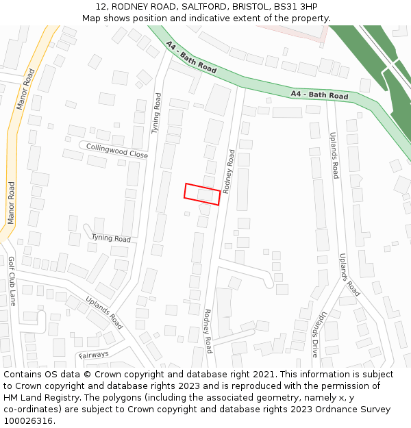 12, RODNEY ROAD, SALTFORD, BRISTOL, BS31 3HP: Location map and indicative extent of plot