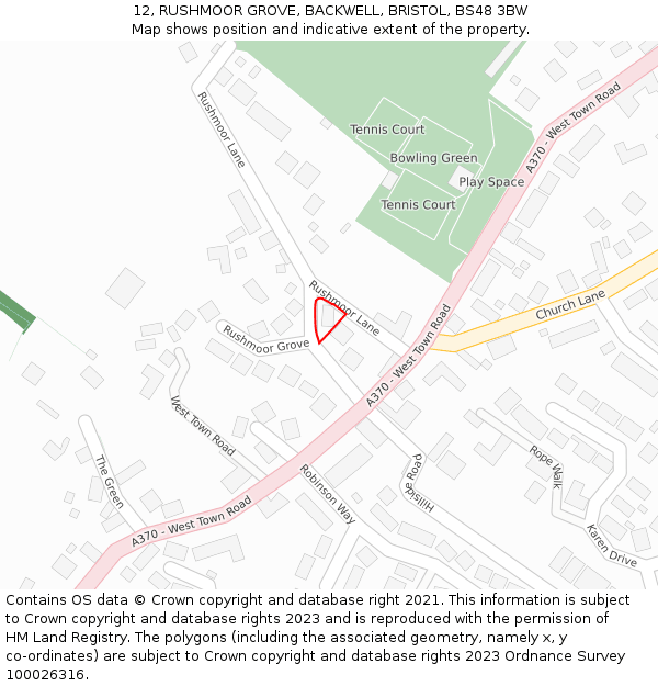 12, RUSHMOOR GROVE, BACKWELL, BRISTOL, BS48 3BW: Location map and indicative extent of plot