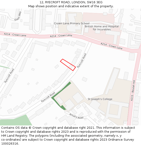 12, RYECROFT ROAD, LONDON, SW16 3EG: Location map and indicative extent of plot