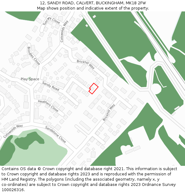 12, SANDY ROAD, CALVERT, BUCKINGHAM, MK18 2FW: Location map and indicative extent of plot