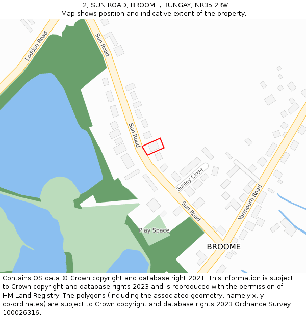 12, SUN ROAD, BROOME, BUNGAY, NR35 2RW: Location map and indicative extent of plot