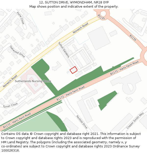 12, SUTTON DRIVE, WYMONDHAM, NR18 0YP: Location map and indicative extent of plot