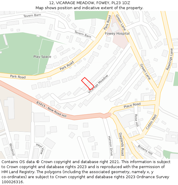 12, VICARAGE MEADOW, FOWEY, PL23 1DZ: Location map and indicative extent of plot