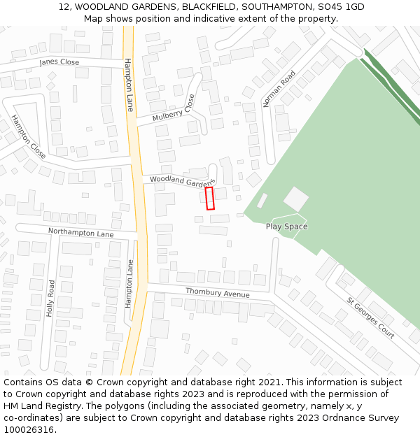 12, WOODLAND GARDENS, BLACKFIELD, SOUTHAMPTON, SO45 1GD: Location map and indicative extent of plot