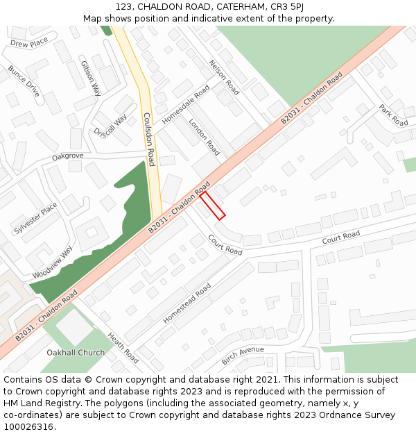 123, CHALDON ROAD, CATERHAM, CR3 5PJ: Location map and indicative extent of plot