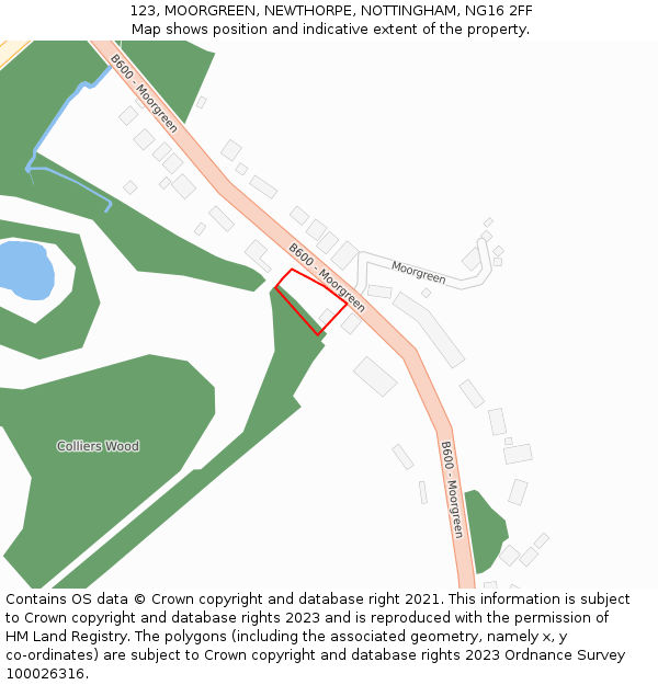 123, MOORGREEN, NEWTHORPE, NOTTINGHAM, NG16 2FF: Location map and indicative extent of plot