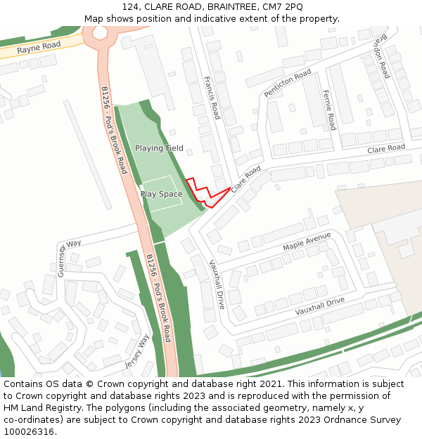 124, CLARE ROAD, BRAINTREE, CM7 2PQ: Location map and indicative extent of plot