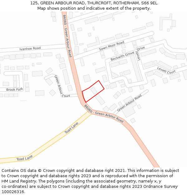 125, GREEN ARBOUR ROAD, THURCROFT, ROTHERHAM, S66 9EL: Location map and indicative extent of plot